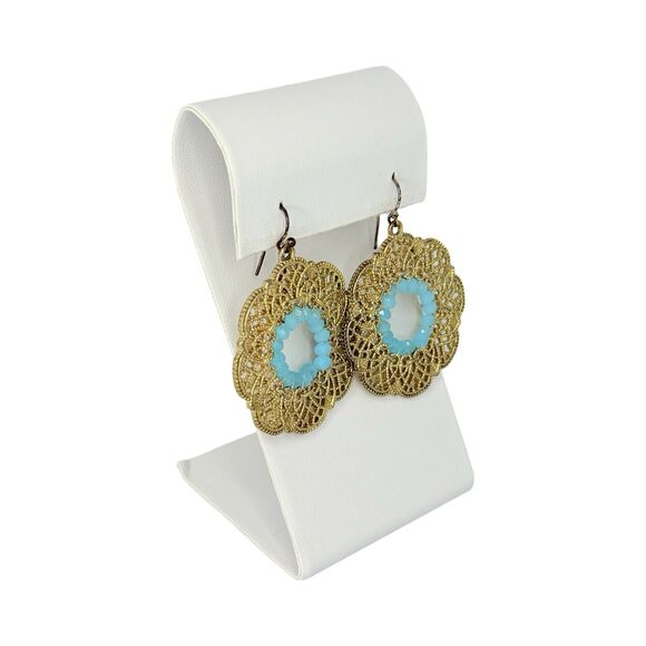 Blue Flower Dangle Earrings 1 5/8" Filigree Bohemian - Picture 3 of 7